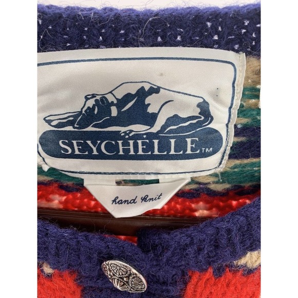 Women's Seychelle Hand Knit Button Up Cardigan Sweater Navy Blue/Green/Red Sz S - Picture 2 of 12